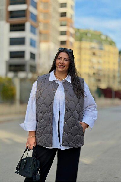 CHUL Kadın Oversize Büyük Beden Çıtçıtlı Astarlı Şişme Yelek - Füme - Büyük B...