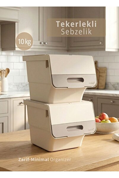 Jet's Home 2’li Krem Tekerlekli Sebzelik Patates Soğan Sepeti Zarif Organizer Patateslik Minimal Soğanlık 24 L