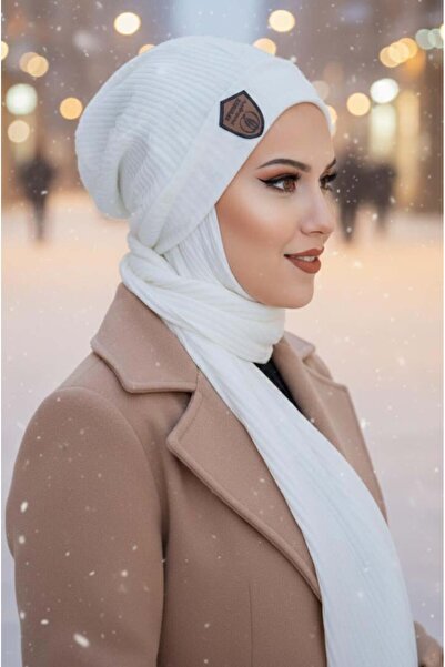 Aişe tesettür Off-White Ribbed Embroidered Hijab Beanie
