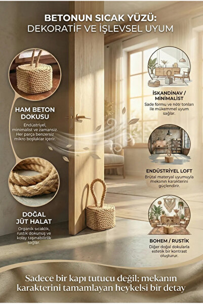 N NOXXO Διακοσμητικό σχοινί από γιούτα, διακοσμημένο με σχοινί, πώμα πόρτας από σκυρόδεμα