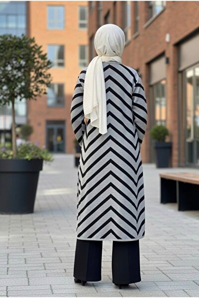 YusGos Women's Hijab Button Detailed Long Striped Cardigan Gray Standard