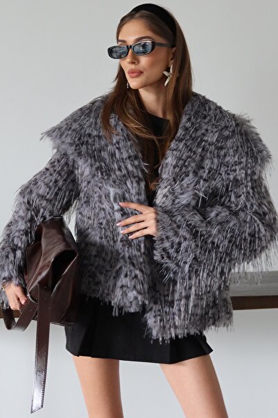 Olcay Handkerchief Collar Fringed Leopard Pattern Faux Fur Coat Gray 1017