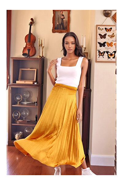 Cotton Mood 8501408 Velvet Pleated Skirt Mustard