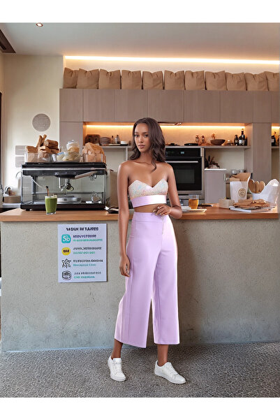 Cotton Mood 9092864 Azra Front Zipper Wide Leg Pants Lila