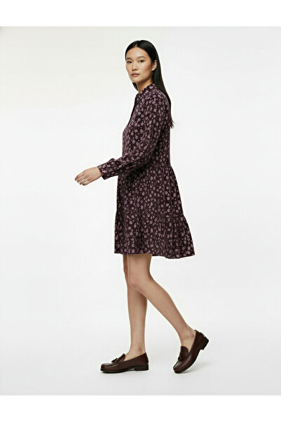 Koton Comfortable Fit Long Sleeve Shirt Collar Mini Floral Flannel Dress