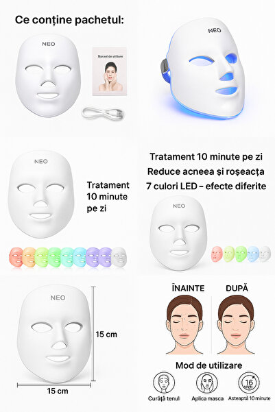 NEO Masca faciala cu led tratament afectiuni ten, acnee, pete, riduri, grasime, 7 in 1