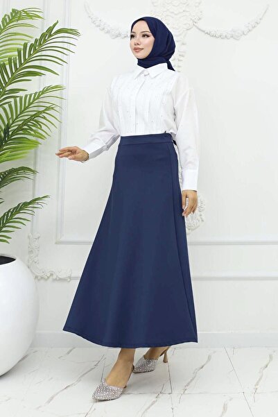 TRENDTESETTÜR Women's Dark Blue Scuba Knitted A-Legged Skirt t 212