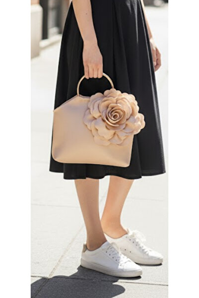 GUSTELLO Geantă de mână cu mâner din metal auriu bej cu motiv tridimensional ...