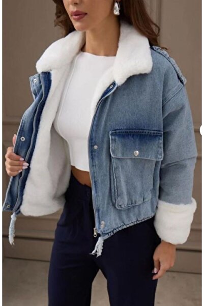 Mevalina Γυναικεία τζιν τζιν μπουφάν με λευκή γούνα