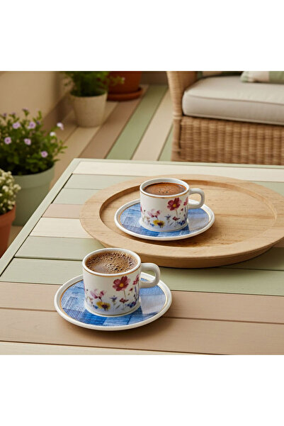 Güral Porselen Mental 4 Piece 2 Person Coffee Cup Set 6709 Blue