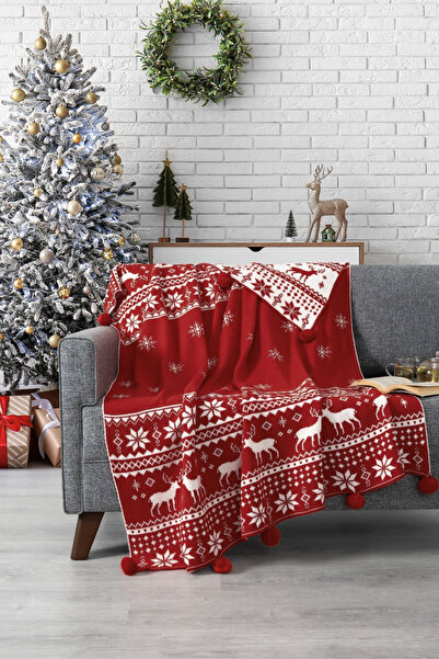 Sevim Сніжинка Детальний в'язаний трикотажний плед з помпонами – Новорічний подарунок – 130x170 см – Червоний