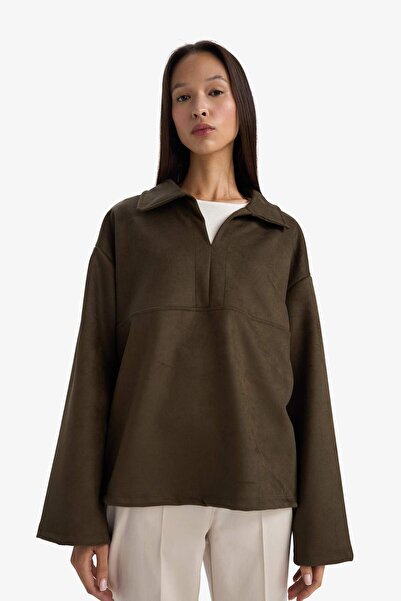 DeFacto Oversized Wide Fit Polo Neck Suede Long Sleeve T-Shirt G6218Ax25Wn