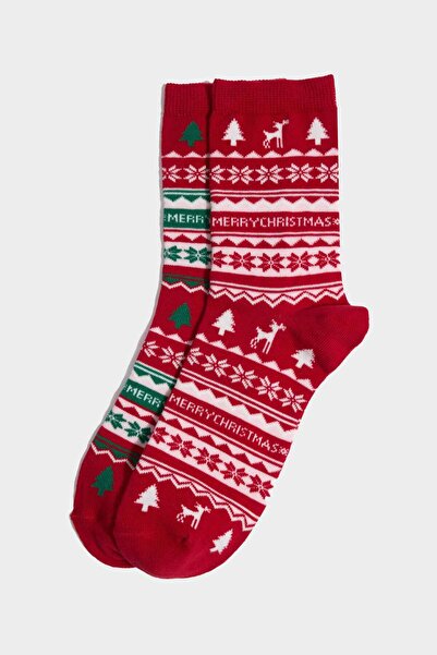 DeFacto Женски подаръчна кутия с 2 чифта дълги памучни чорапи с коледна тематика G3905AXNS