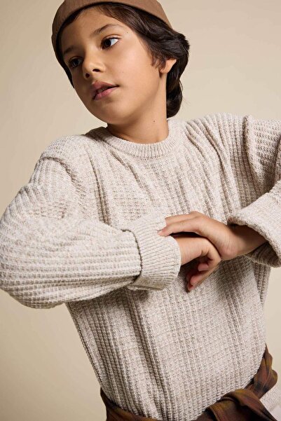 DeFacto Boy's Beige Crew Neck Basic Sima kötöttáru pulóver C9468a824au