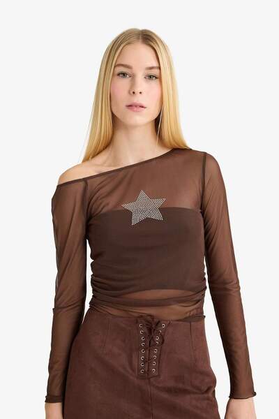 DeFacto Coool Fitted Crew Neck One Shoulder Tulle Long Sleeve T-Shirt G2924Ax25Wn