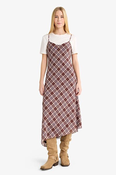 DeFacto Coool V-Neck Checked Tulle Strap Midi Dress F7971Ax25Au
