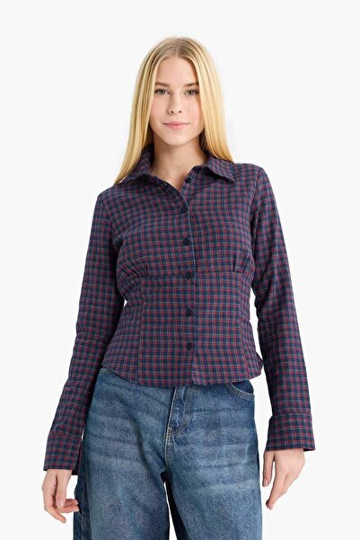 DeFacto Coool Fitted Textured Long Sleeve Checkered Shirt G3035Ax25Wn