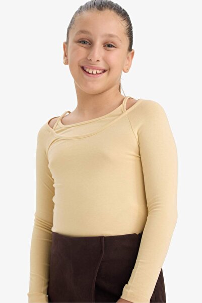 DeFacto Girls Slim Fit Slim Fit Lapel Printed Ribbed Camisole Long Sleeve T-Shirt D9237A825Sp