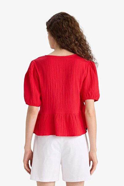 DeFacto Regular Fit Crew Neck Tie Front Textured Red Short Sleeve Blouse F6369Ax25Hs