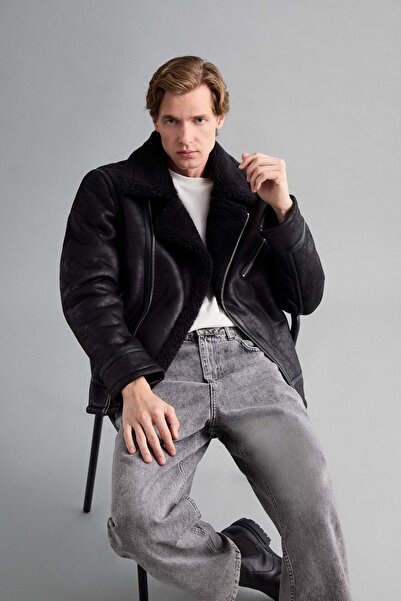 DeFacto Slim Fit Slim Fit kabát z umělé kůže na zip s podšívkou z umělé kožešiny C5636AX24WN