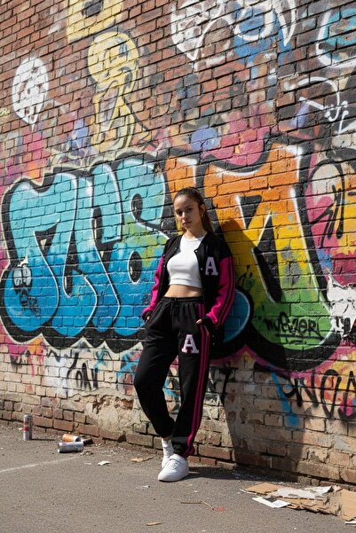 Cansın Mini Μαύρο γραπτό κολεγιακό μπουφάν για κορίτσια με ρίγες 3 κλωστών ανοιχτόχρωμο σετ αθλητικής φόρμας 21296