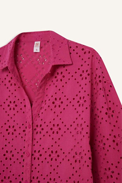 DeFacto Fall in Love Βαμβακερό κεντημένο ροζ πουκάμισο παραλίας C0506AX24SM