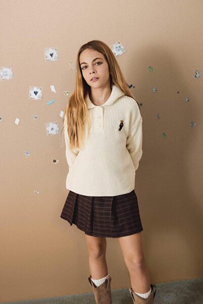 DeFacto Girl's Polo Neck Embroidered Knitwear Sweater G3060A825Au