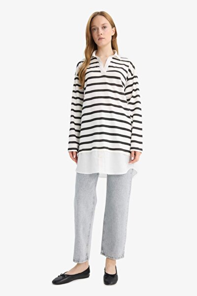 DeFacto Tričko s dlouhým rukávem Regular Fit s proužkovaným polo výstřihem a detailem na lemu D2183AX24AU