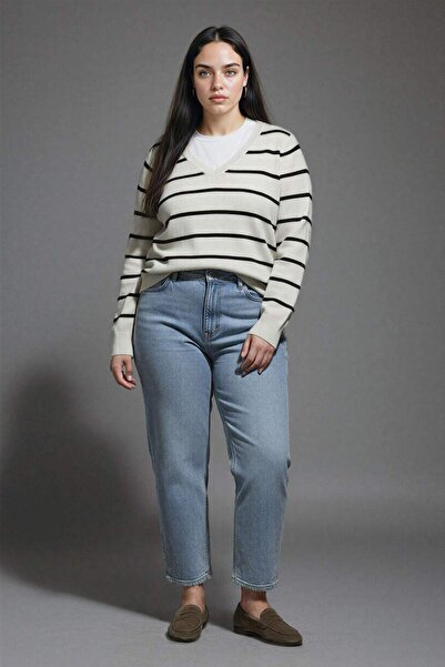 DeFacto Relax Fit V-Ausschnitt, weicher, strukturierter, gestreifter Strickpullover 3113229