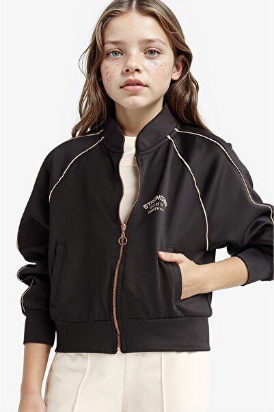 DeFacto Bedruckte Strickjacke mit Rundhalsausschnitt und Reißverschluss für Mädchen aus Scuba-Diver-Stoff F2798A825AU