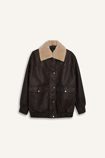 DeFacto Αποσπώμενος γιακάς από ψεύτικη γούνα Dad Fit Polo Collar Taffeta Faux Leather Coats E8540AX25AU