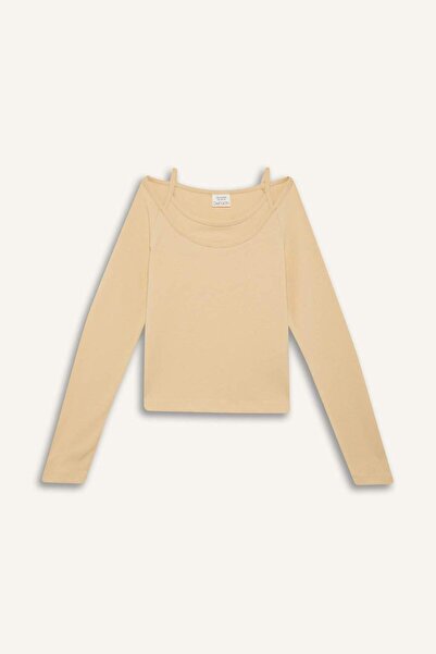 DeFacto Girls Slim Fit Slim Fit Lapel Printed Ribbed Camisole Long Sleeve T-Shirt D9237A825Sp