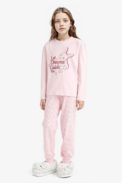 DeFacto Pyjama-Set für Mädchen, bedrucktes Oberteil mit langen Ärmeln, gemustertes langes Unterteil F6215A825WN