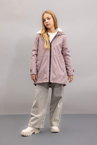 DeFacto Girls' Water Repellent Hooded Faux Fur Lined Long Raincoat C5229A824Au