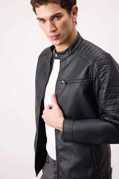 DeFacto Αδιάβροχο παλτό από συνθετικό δέρμα με φερμουάρ Slim Fit - Stand Collar D6241ax25sp