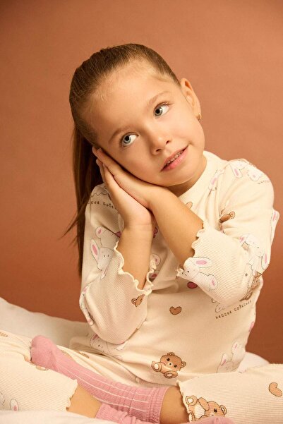 DeFacto Set pijamale fetiță Urs cu imprimeu mâneci lungi material reiat tricotaj cu striații Top lung F7537A525AU