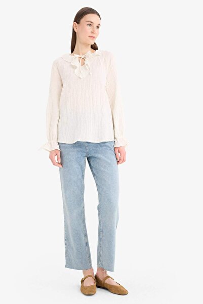 DeFacto Langärmlige Blusentunika mit Schnürkragen und Seersucker-Textur E7968AX25SM