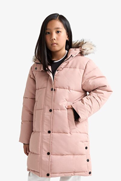 DeFacto Κοριτσίστικο παλτό με κουκούλα και αποσπώμενη κουκούλα από ψεύτικη γούνα Rose C8755a8/br476