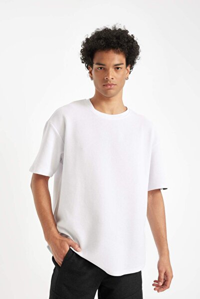 DeFacto Boxy Fit Rundhalsausschnitt Kurzarm Basic Plain Waffel Weißes T-Shirt B4443AX25SP