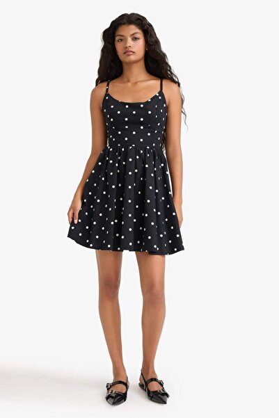 DeFacto Crew Neck Poplin Strap Mini Polka Dot Dress F9251Ax25Au