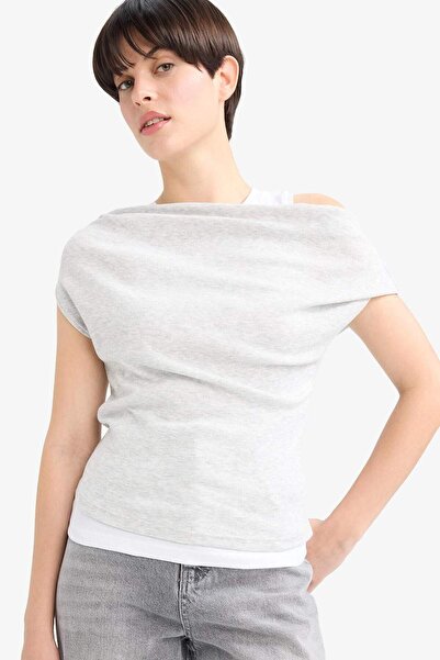 DeFacto Slim Fit Tight Fit One Shoulder Ribbed Short Sleeve T-Shirt G0316Ax25Hs