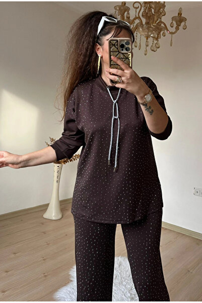 AZRA BUTİK Silvery String Lace-Up Stone Set Brown