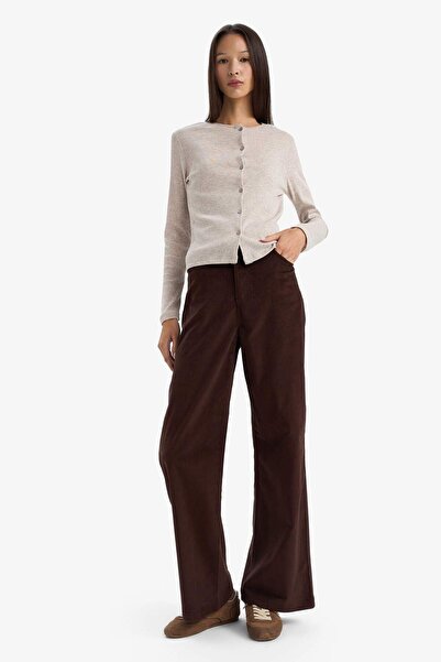 DeFacto Wide Leg Zippered Regular Waist Long Length Velvet Trousers G1221Ax25Au