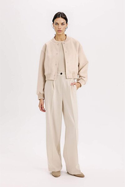 DeFacto College-Kragen-Bomberjacke Basic Plain Snap Wildleder B8822AX24SP