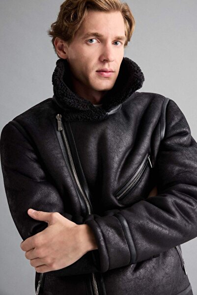 DeFacto Slim Fit Slim Fit kabát z umělé kůže na zip s podšívkou z umělé kožešiny C5636AX24WN