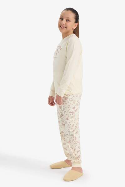 DeFacto Girls' Pajama Set Printed Long Sleeve Top Patterned Long Bottom F6231A825Wn
