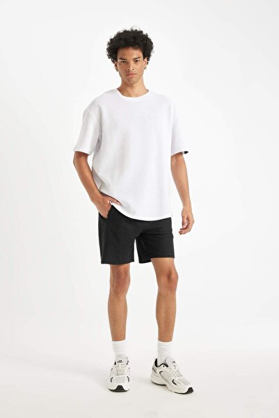 DeFacto Boxy Fit Rundhalsausschnitt Kurzarm Basic Plain Waffel Weißes T-Shirt B4443AX25SP