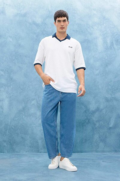 DeFacto Boxy Fit Relaxed Fit Polo Neck Contrast Color Textured Short Sleeve T-Shirt F8352Ax25Au