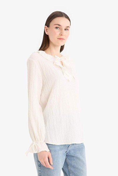 DeFacto Langärmlige Blusentunika mit Schnürkragen und Seersucker-Textur E7968AX25SM