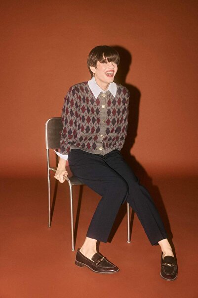 DeFacto Regular Fit Crew Neck Argyle Pattern Buttoned Knitwear Cardigan G6551Ax25Wn